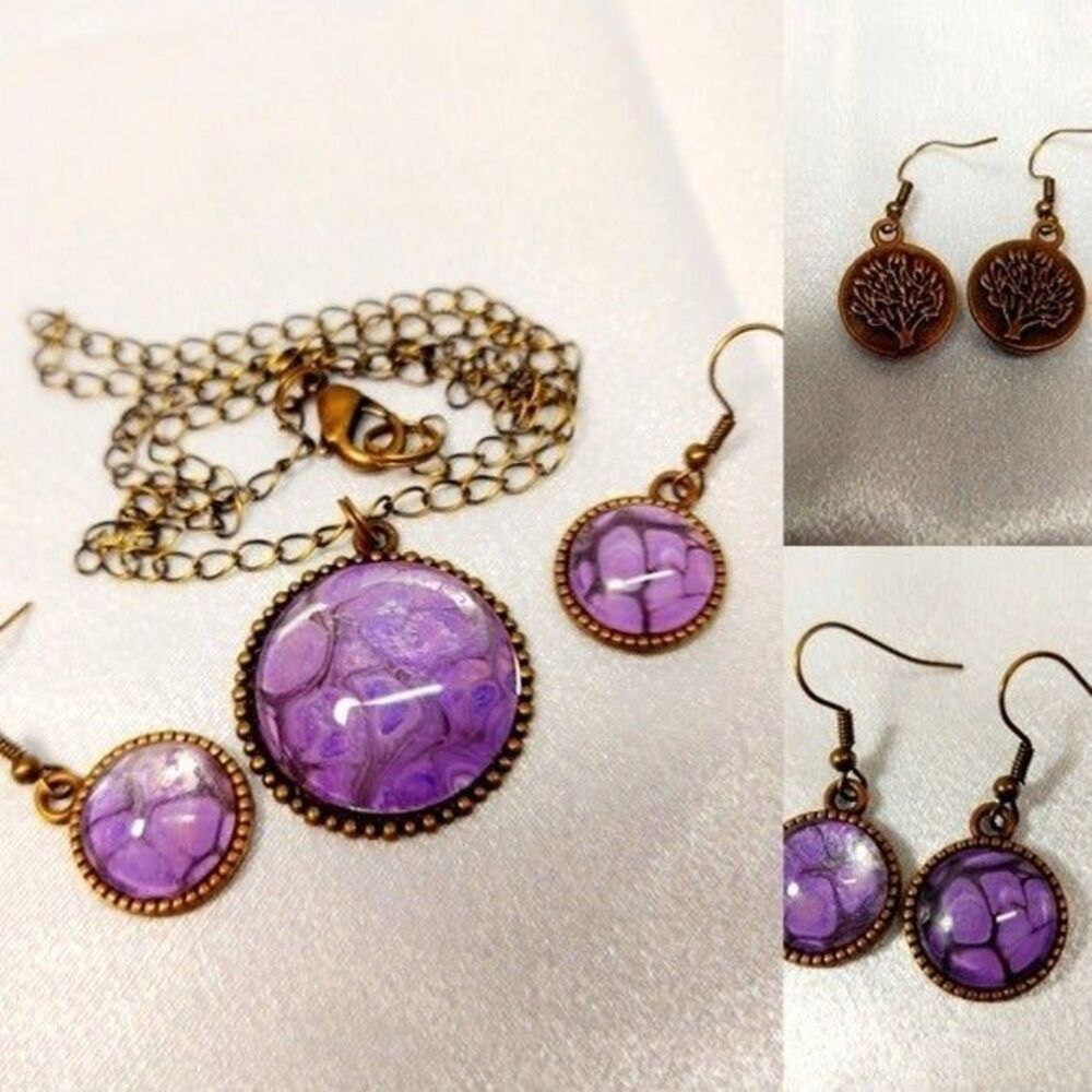 * neckalace & earings marbled purple set gold tone metal - Picture 2 of 8